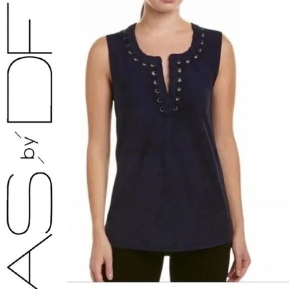 AS by DF Crusoe Navy Suede 100% Leather Women's Sleeveless Top size small - Picture 1 of 11